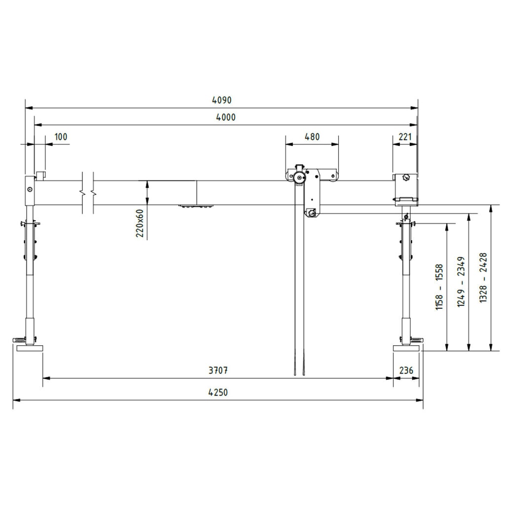 SCHILLING Gru a portale in alluminio con traversa divisibile, punto di aggancio 1.249-2.349 mm, portata 500 kg Immagine del prodotto n. 2: SCHILLING Gru a portale in alluminio con traversa divisibile, punto di aggancio 1.249-2.349 mm, portata 500 kg
