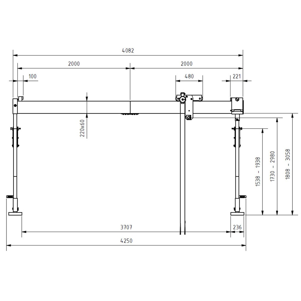 SCHILLING Gru a portale in alluminio con traversa divisibile, punto di aggancio 1.730-2.980 mm, portata 500 kg Immagine del prodotto n. 2: SCHILLING Gru a portale in alluminio con traversa divisibile, punto di aggancio 1.730-2.980 mm, portata 500 kg