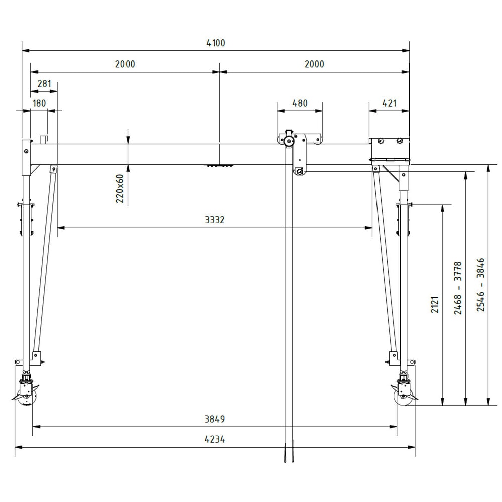 Immagine del prodotto n. 3: SCHILLING Gru a portale in alluminio con traversa divisibile, mobile, altezza totale max. 4.270 mm, portata 500 kg