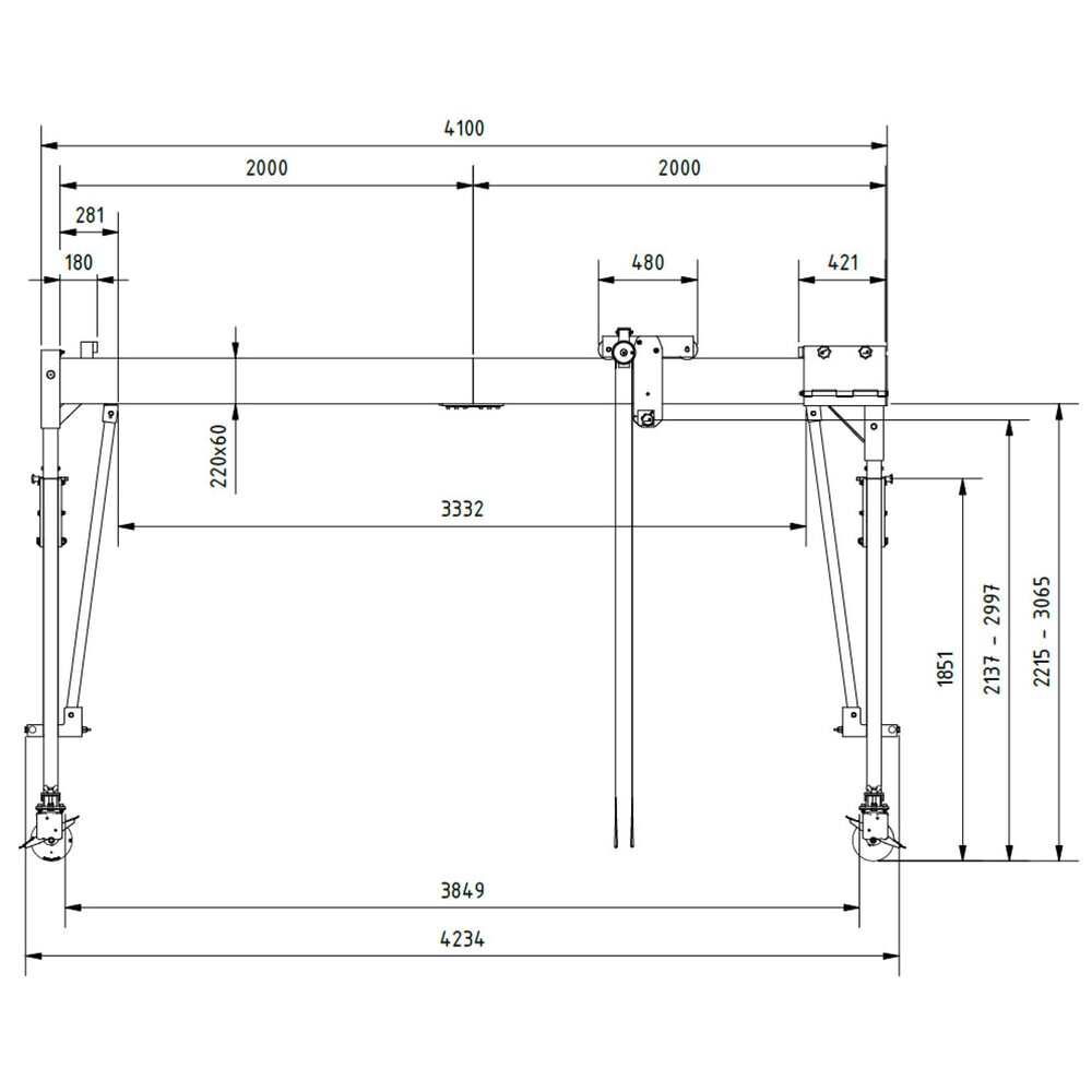 Immagine del prodotto n. 3: SCHILLING Gru a portale in alluminio con traversa divisibile, mobile, altezza totale max. 3.470 mm, portata 500 kg
