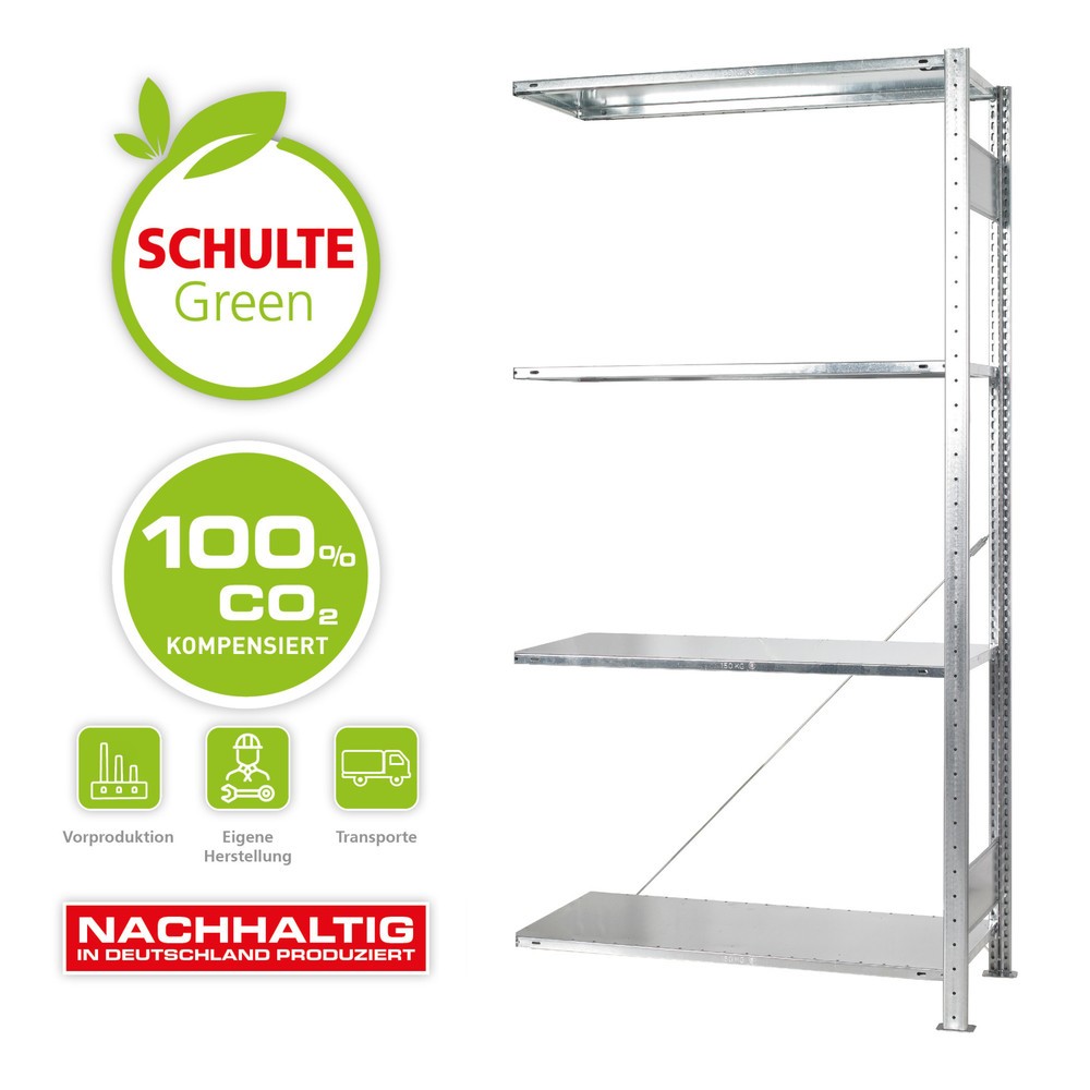 Immagine del prodotto: SCHULTE Green scaffalatura a ripiani montaggio a incastro, campata aggiuntiva, portata per piano 150 kg zincata, HxLxP 2.000 x 1.000 x 600 mm