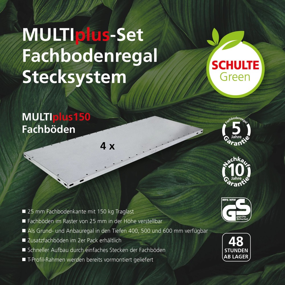 Immagine del prodotto n. 3: SCHULTE Green scaffalatura a ripiani montaggio a incastro, campata base, portata per piano 150 kg, zincata, HxLxP 2.000 x 1.000 x 600 mm