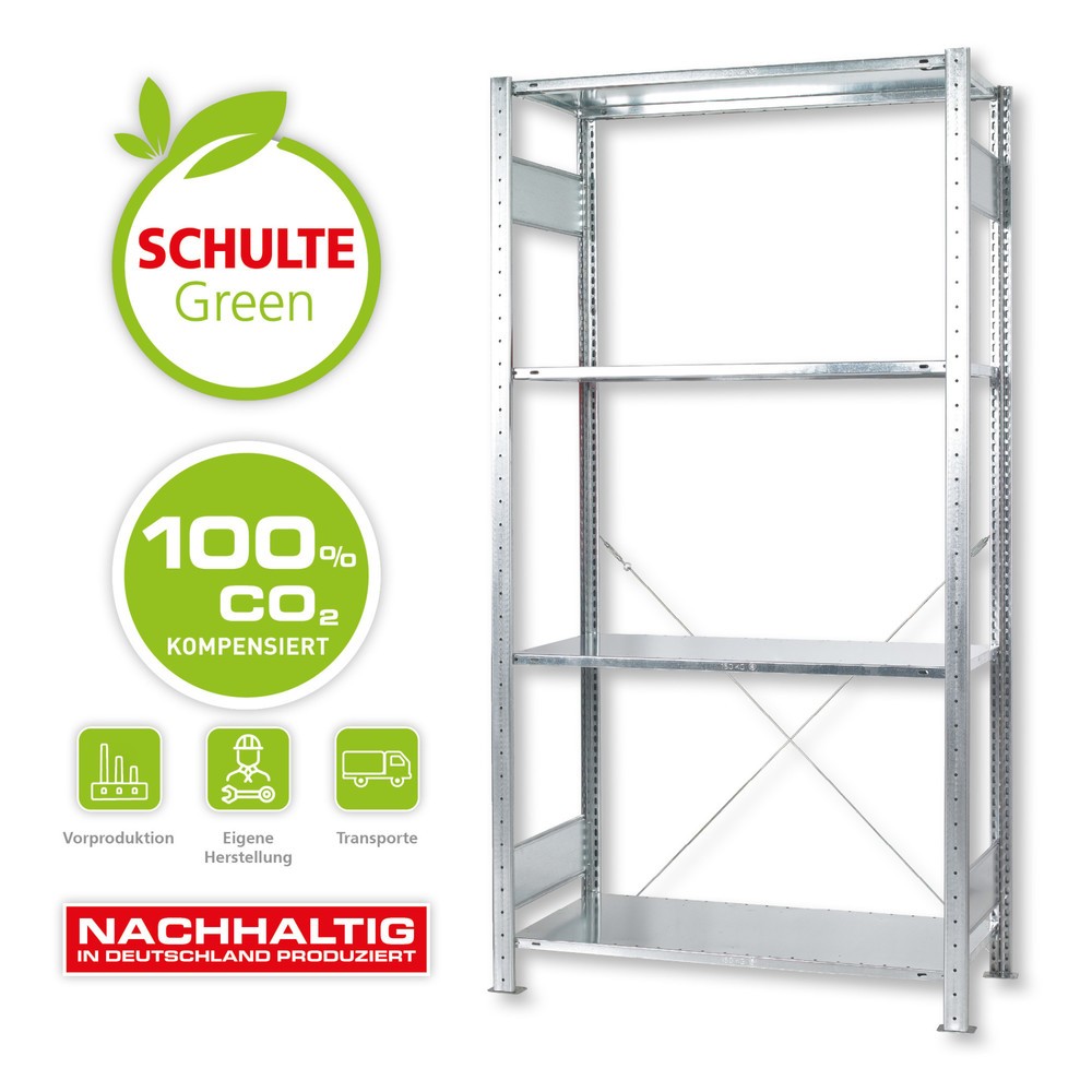 Immagine del prodotto: SCHULTE Green scaffalatura a ripiani montaggio a incastro, campata base, portata per piano 150 kg, zincata, HxLxP 2.000 x 1.000 x 600 mm