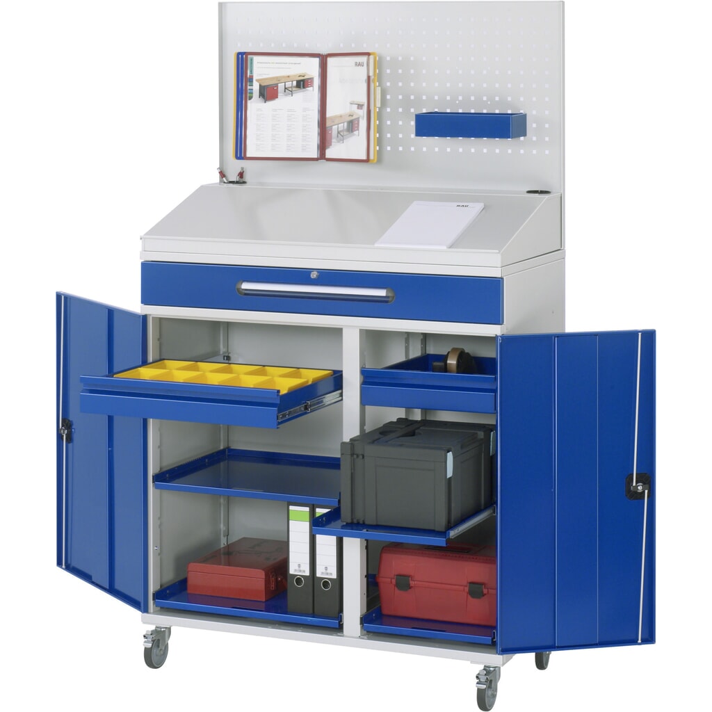 Immagine del prodotto: Leggio su ruote mobile RAU, HxBxT 1.235-1.895 x 1.100 x 520 mm, con 2 cassetti da 80 e 1 cassetto da 120 mm.