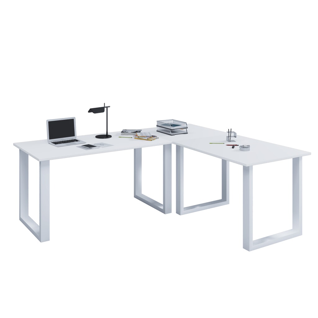 Scrivania ad angolo da ufficio VCM Lona, telaio a piedini a U, piani tavolo LxP 1.600 x 800 e 1.600 x 800 mm, bianco Immagine del prodotto: Scrivania ad angolo da ufficio VCM Lona, telaio a piedini a U, piani tavolo LxP 1.600 x 800 e 1.600 x 800 mm, bianco