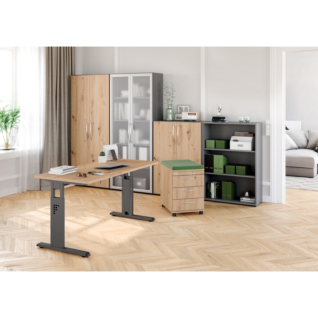 Scrivania regolabile manualmente in altezza Hammerbacher Solid, piedino a C, LxP 1.600 x 800 mm, grigio Immagine del prodotto n. 7: Scrivania regolabile manualmente in altezza Hammerbacher Solid, piedino a C, LxP 1.600 x 800 mm, grigio