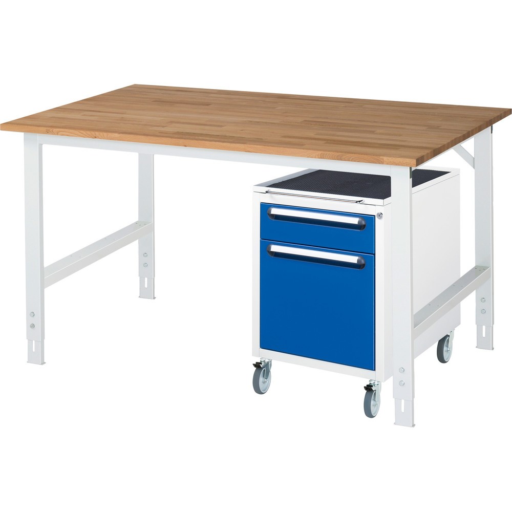 Immagine del prodotto: Set officina RAU TOM 2 pezzi, con tavolo da lavoro, AxLxP 760-1.080 x 1.500 x 1.000 mm, piano di lavoro in faggio massiccio, più contenitore su ruote con 2 cassetti, AxLxP 690 x 480 x 600 mm