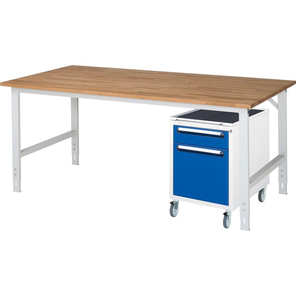 Immagine del prodotto n. 1: Set officina RAU TOM 2 pezzi, con tavolo da lavoro, AxLxP 760-1.080 x 2.500 x 1.000 mm, piano di lavoro in faggio massiccio, più contenitore su ruote con 2 cassetti, AxLxP 690 x 480 x 600 mm