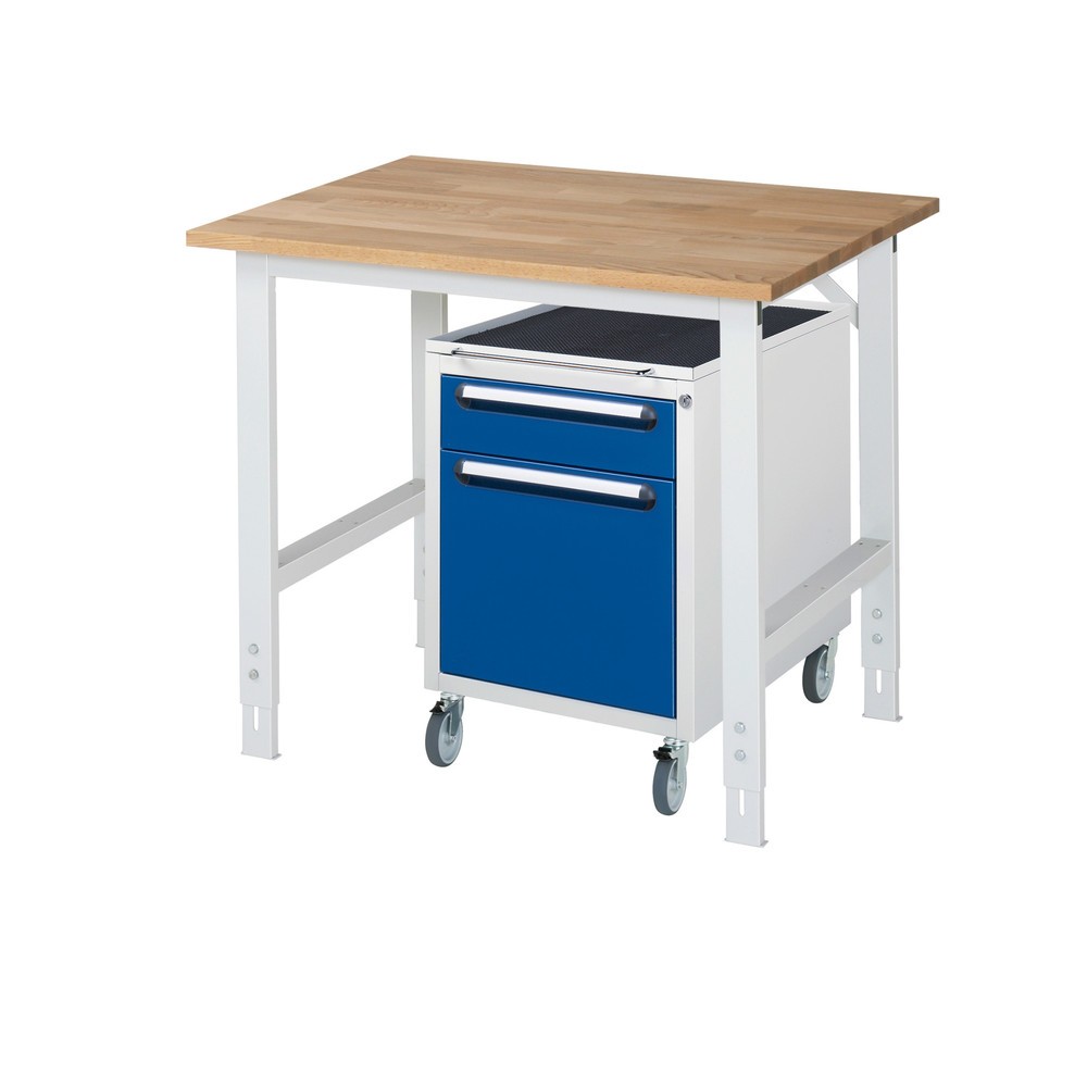 Immagine del prodotto n. 1: Set officina RAU TOM 2 pezzi, con tavolo da lavoro, AxLxP 760-1.080 x 1.000 x 800 mm, piano di lavoro in faggio massiccio, più contenitore su ruote con 2 cassetti, AxLxP 690 x 480 x 600 mm