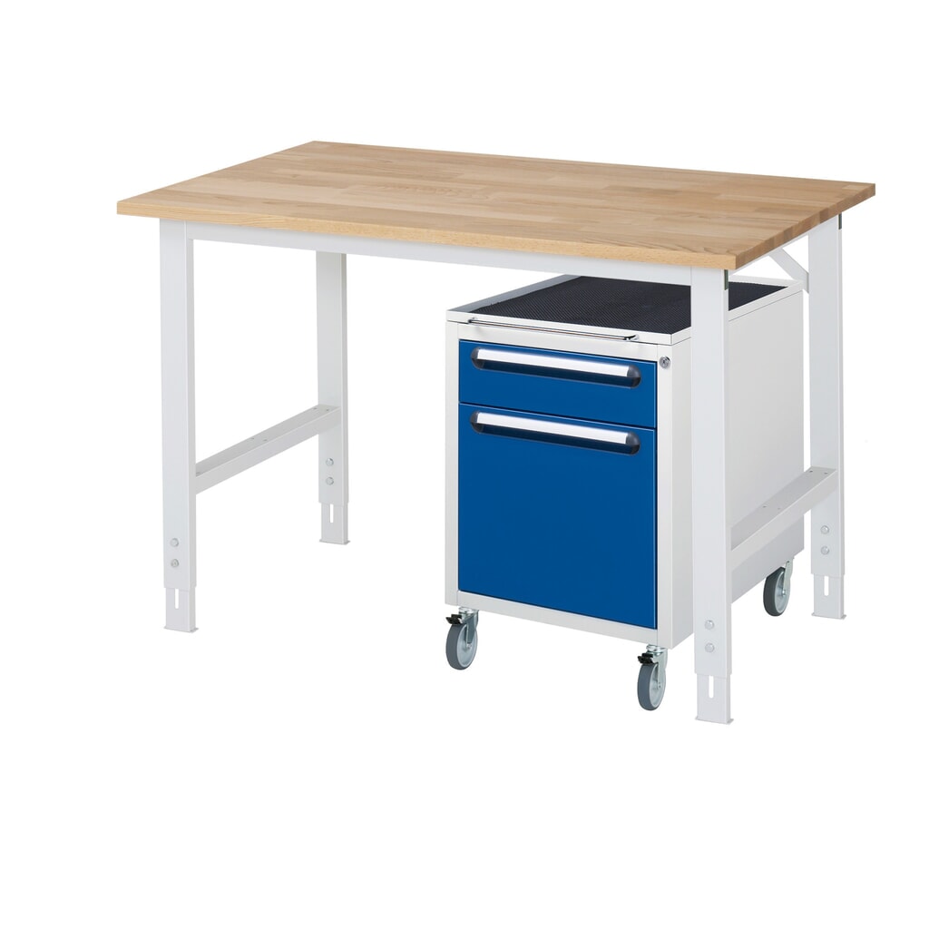 Immagine del prodotto: Set officina RAU TOM 2 pezzi, con tavolo da lavoro, AxLxP 760-1.080 x 1.250 x 800 mm, piano di lavoro in faggio massiccio, più contenitore su ruote con 2 cassetti, AxLxP 690 x 480 x 600 mm