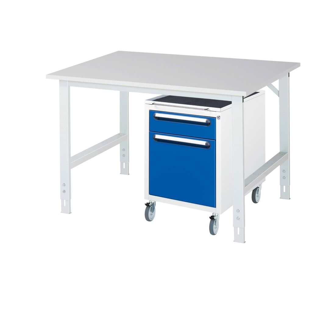 Set officina RAU TOM 2 pezzi, con tavolo da lavoro, AxLxP 760-1.080 x 1.250 x 1.000 mm, piano di lavoro con rivestimento in melamina, più contenitore su ruote con 2 cassetti, AxLxP 690 x 480 x 600 mm Immagine del prodotto: Set officina RAU TOM 2 pezzi, con tavolo da lavoro, AxLxP 760-1.080 x 1.250 x 1.000 mm, piano di lavoro con rivestimento in melamina, più contenitore su ruote con 2 cassetti, AxLxP 690 x 480 x 600 mm
