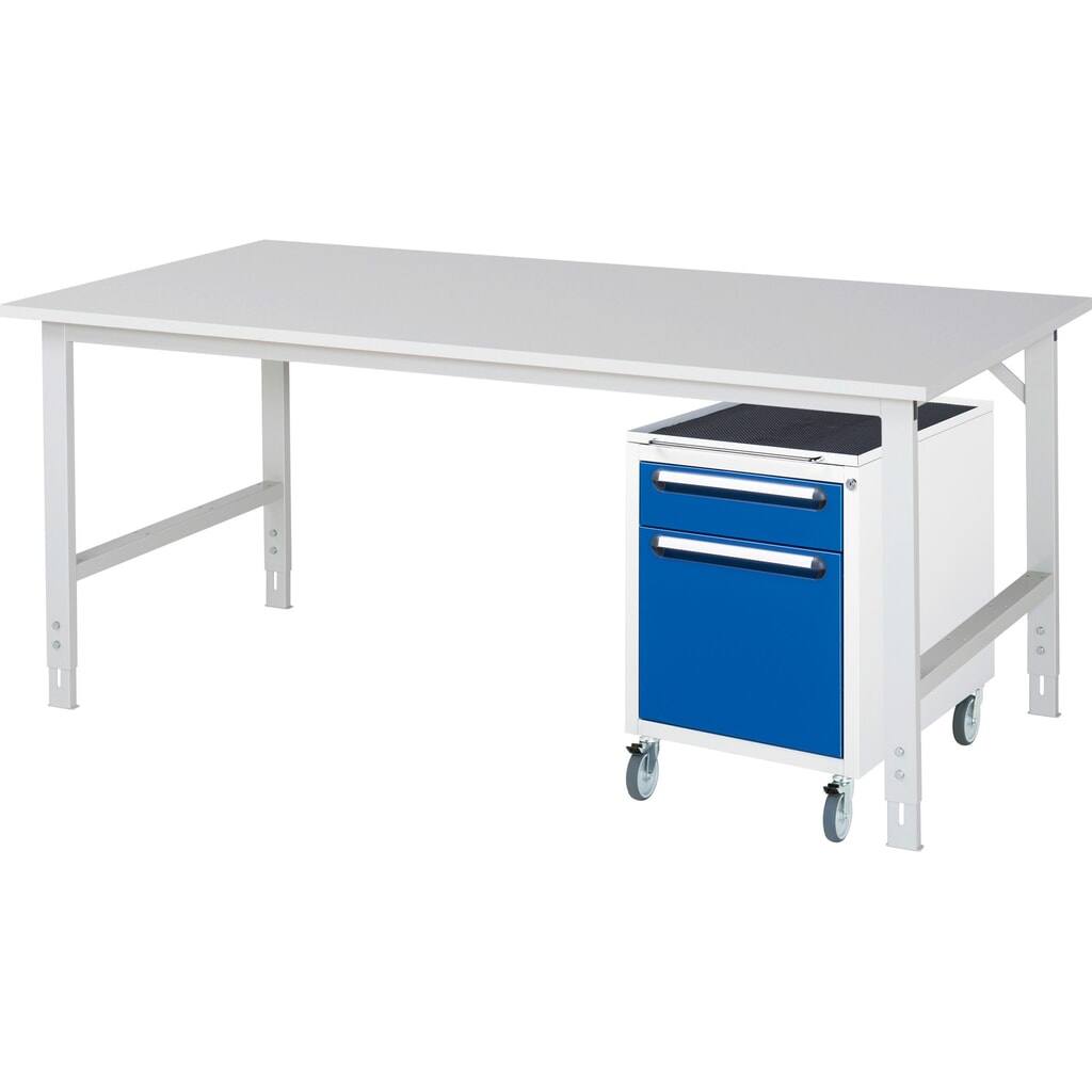 Set officina RAU TOM 2 pezzi, con tavolo da lavoro, AxLxP 760-1.080 x 2.500 x 1.000 mm, piano di lavoro con rivestimento in melamina, più contenitore su ruote con 2 cassetti, AxLxP 690 x 480 x 600 mm Immagine del prodotto: Set officina RAU TOM 2 pezzi, con tavolo da lavoro, AxLxP 760-1.080 x 2.500 x 1.000 mm, piano di lavoro con rivestimento in melamina, più contenitore su ruote con 2 cassetti, AxLxP 690 x 480 x 600 mm