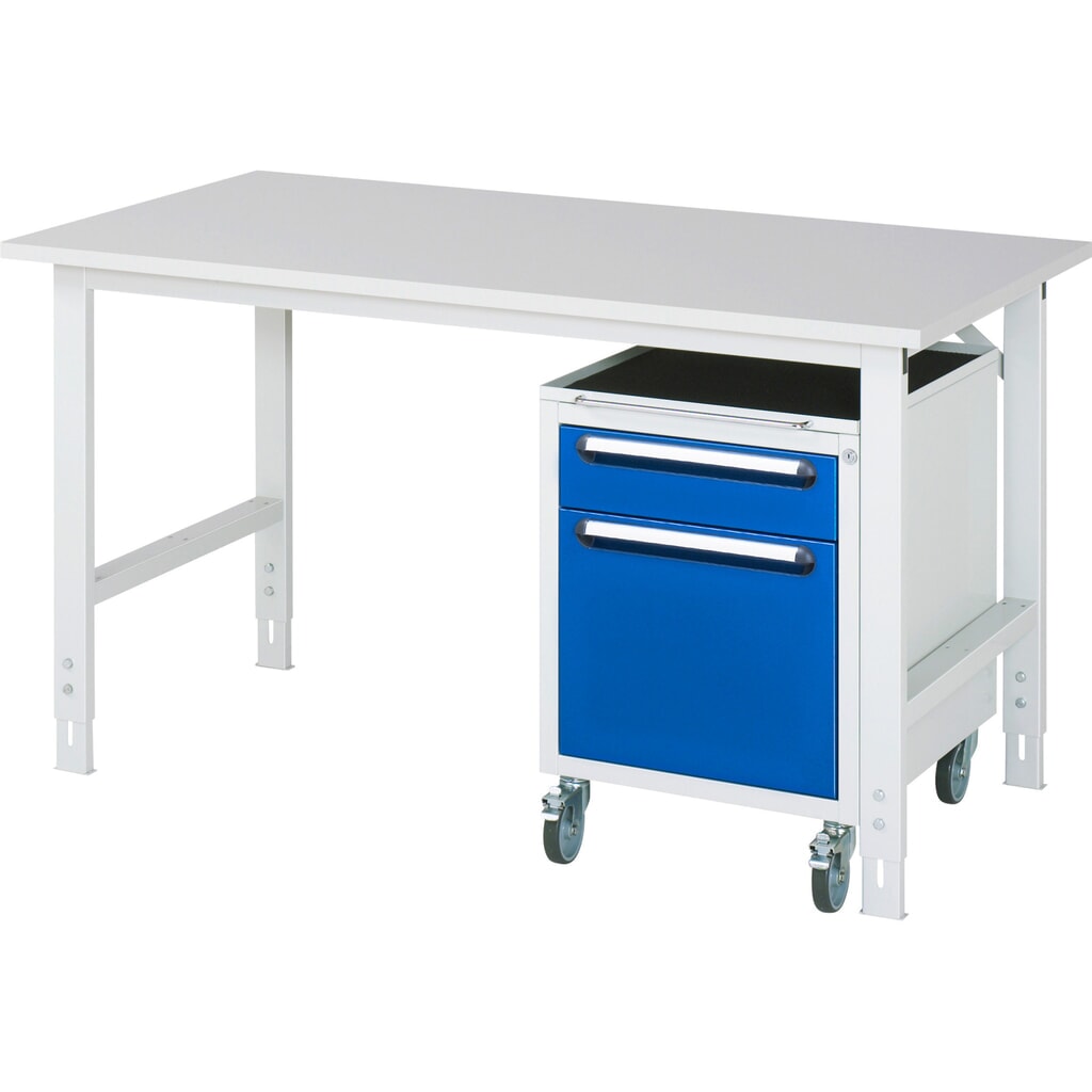Immagine del prodotto: Set officina RAU TOM 2 pezzi, con tavolo da lavoro, AxLxP 760-1.080 x 1.500 x 800 mm, piano di lavoro con rivestimento in melamina, più contenitore su ruote con 2 cassetti, AxLxP 690 x 480 x 600 mm