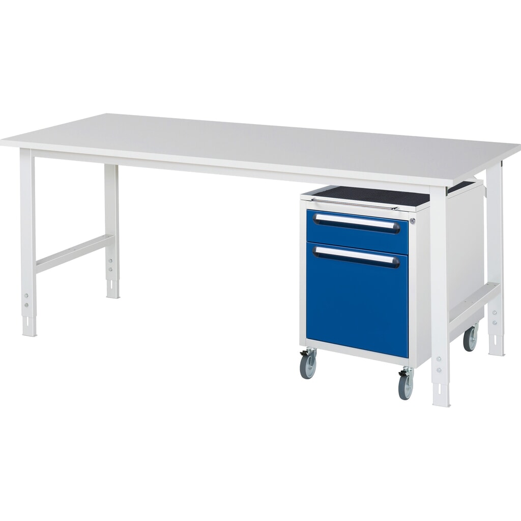 Immagine del prodotto: Set officina RAU TOM 2 pezzi, con tavolo da lavoro, AxLxP 760-1.080 x 2.500 x 800 mm, piano di lavoro con rivestimento in melamina, più contenitore su ruote con 2 cassetti, AxLxP 690 x 480 x 600 mm