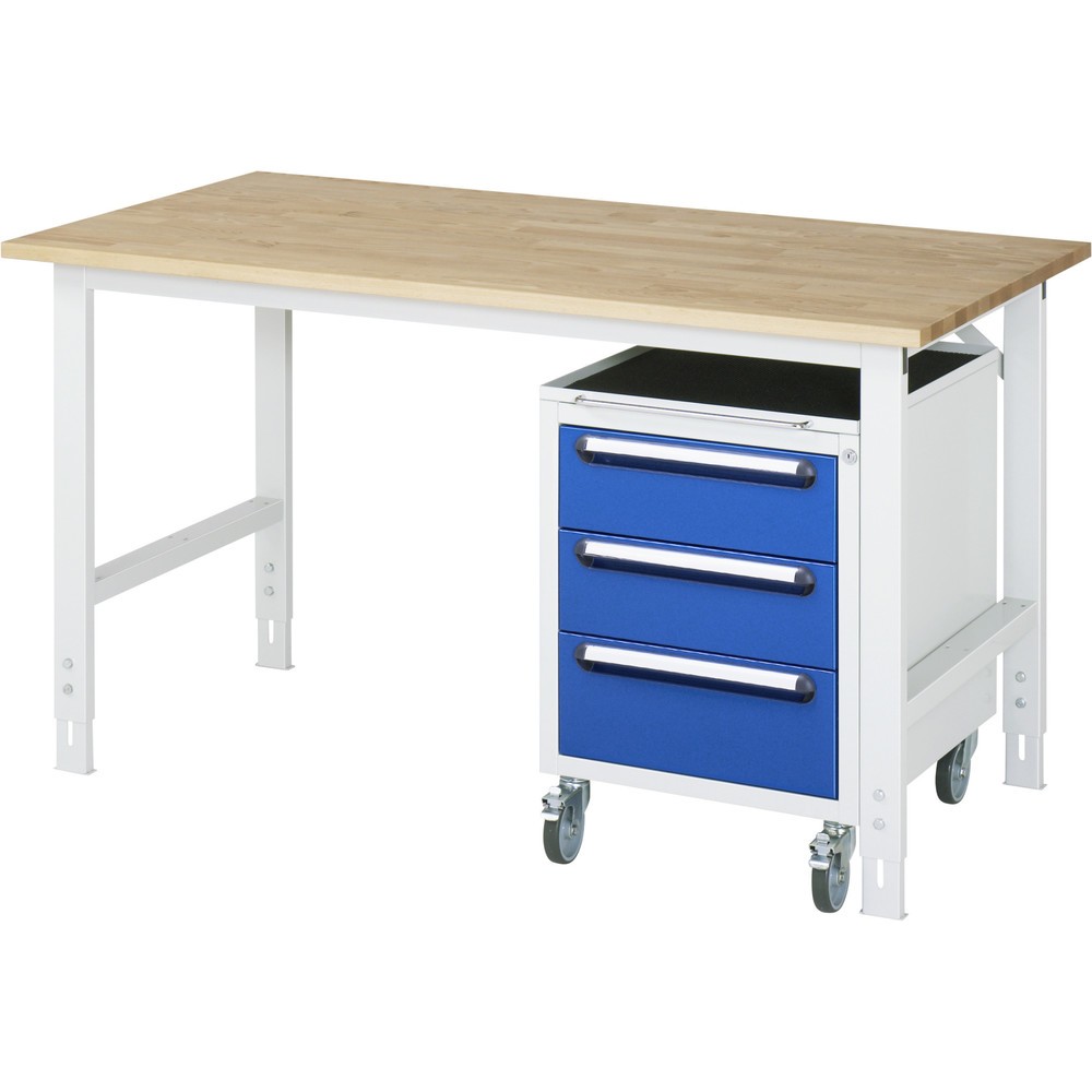 Immagine del prodotto n. 1: Set officina RAU TOM 2 pezzi, con tavolo da lavoro, AxLxP 760-1.080 x 1.500 x 800 mm, piano di lavoro in faggio massiccio, più contenitore su ruote con 3 cassetti, AxLxP 690 x 480 x 600 mm