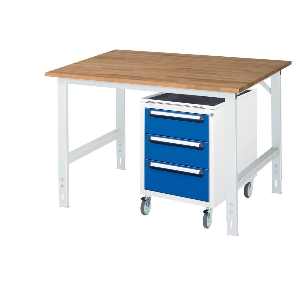 Immagine del prodotto: Set officina RAU TOM 2 pezzi, con tavolo da lavoro, AxLxP 760-1.080 x 1.250 x 1.000 mm, piano di lavoro in faggio massiccio, più contenitore su ruote con 3 cassetti, AxLxP 690 x 480 x 600 mm
