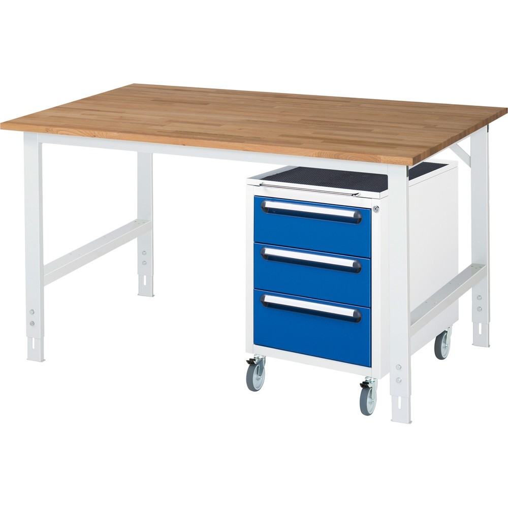 Immagine del prodotto: Set officina RAU TOM 2 pezzi, con tavolo da lavoro, AxLxP 760-1.080 x 1.500 x 1.000 mm, piano di lavoro in faggio massiccio, più contenitore su ruote con 3 cassetti, AxLxP 690 x 480 x 600 mm