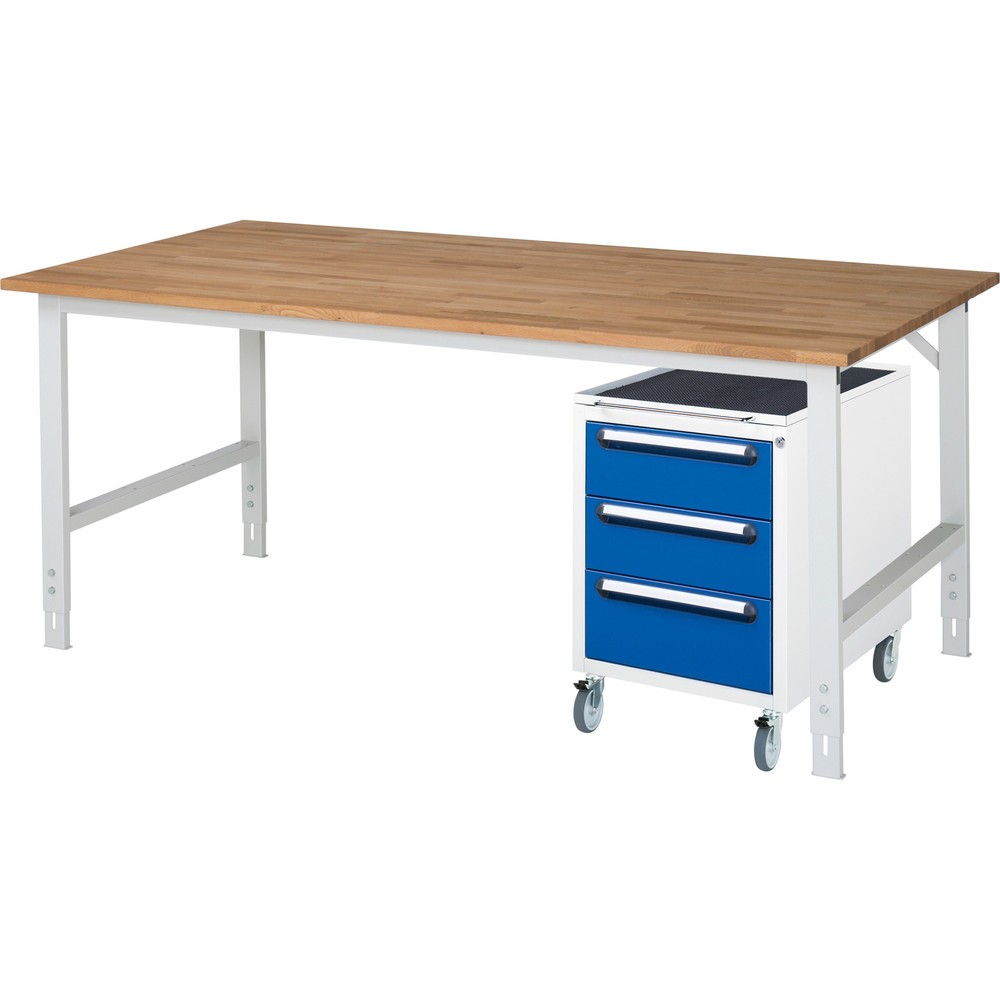 Immagine del prodotto: Set officina RAU TOM 2 pezzi, con tavolo da lavoro, AxLxP 760-1.080 x 2.500 x 1.000 mm, piano di lavoro in faggio massiccio, più contenitore su ruote con 3 cassetti, AxLxP 690 x 480 x 600 mm