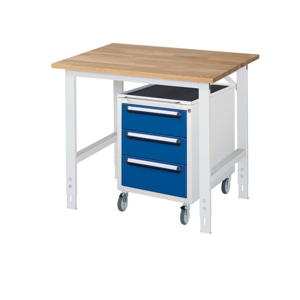 Immagine del prodotto n. 1: Set officina RAU TOM 2 pezzi, con tavolo da lavoro, AxLxP 760-1.080 x 1.000 x 800 mm, piano di lavoro in faggio massiccio, più contenitore su ruote con 3 cassetti, AxLxP 690 x 480 x 600 mm