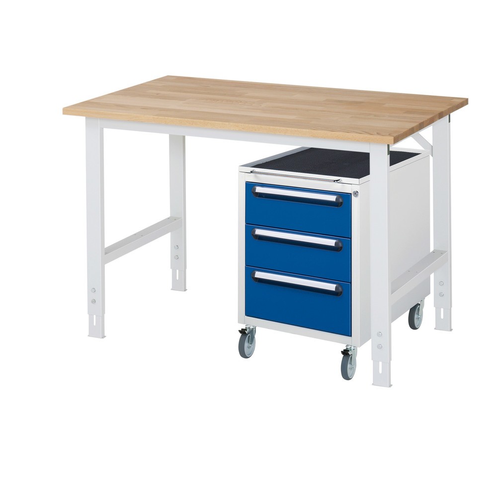 Immagine del prodotto n. 1: Set officina RAU TOM 2 pezzi, con tavolo da lavoro, AxLxP 760-1.080 x 1.250 x 800 mm, piano di lavoro in faggio massiccio, più contenitore su ruote con 3 cassetti, AxLxP 690 x 480 x 600 mm