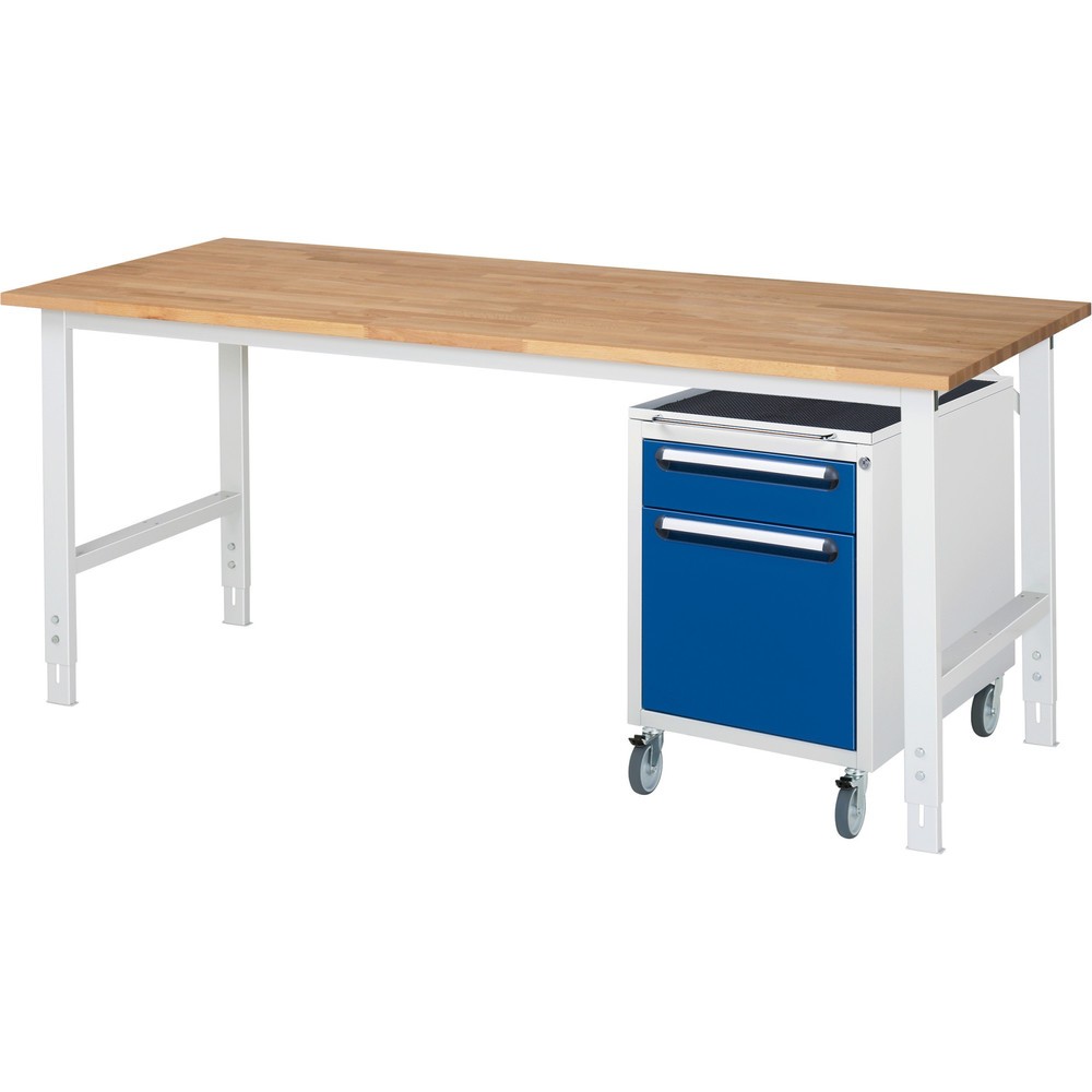 Immagine del prodotto n. 1: Set officina RAU TOM 2 pezzi, con tavolo da lavoro, AxLxP 760-1.080 x 2.500 x 800 mm, piano di lavoro in faggio massiccio, più contenitore su ruote con 3 cassetti, AxLxP 690 x 480 x 600 mm