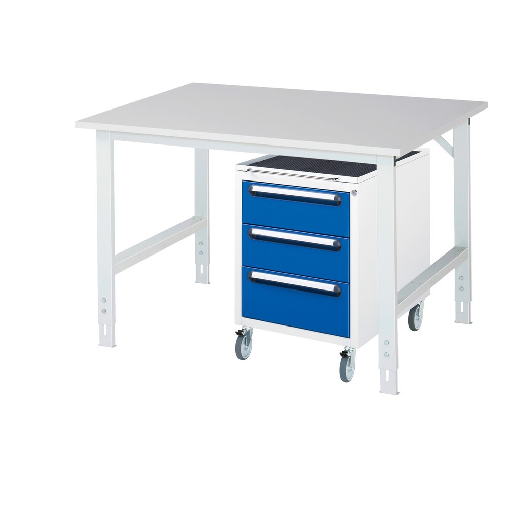 Immagine del prodotto n. 1: Set officina RAU TOM 2 pezzi, con tavolo da lavoro, AxLxP 760-1.080 x 1.250 x 1.000 mm, piano di lavoro con rivestimento in melamina, più contenitore su ruote con 3 cassetti, AxLxP 690 x 480 x 600 mm