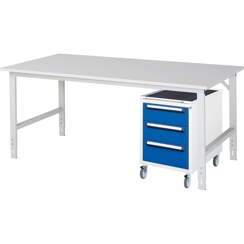 Immagine del prodotto: Set officina RAU TOM 2 pezzi, con tavolo da lavoro, AxLxP 760-1.080 x 2.500 x 1.000 mm, piano di lavoro con rivestimento in melamina, più contenitore su ruote con 3 cassetti, AxLxP 690 x 480 x 600 mm