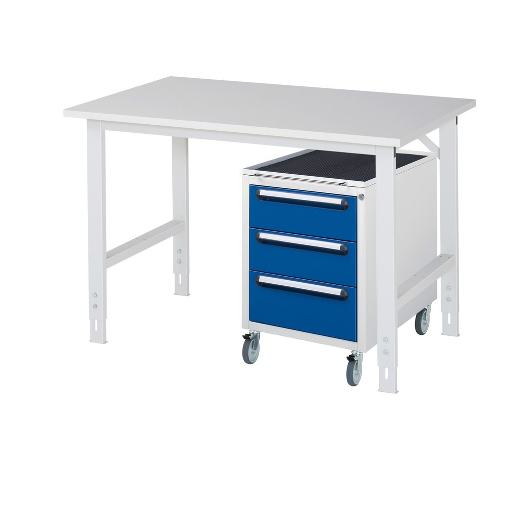 Immagine del prodotto: Set officina RAU TOM 2 pezzi, con tavolo da lavoro, AxLxP 760-1.080 x 1.250 x 800 mm, piano di lavoro con rivestimento in melamina, più contenitore su ruote con 3 cassetti, AxLxP 690 x 480 x 600 mm