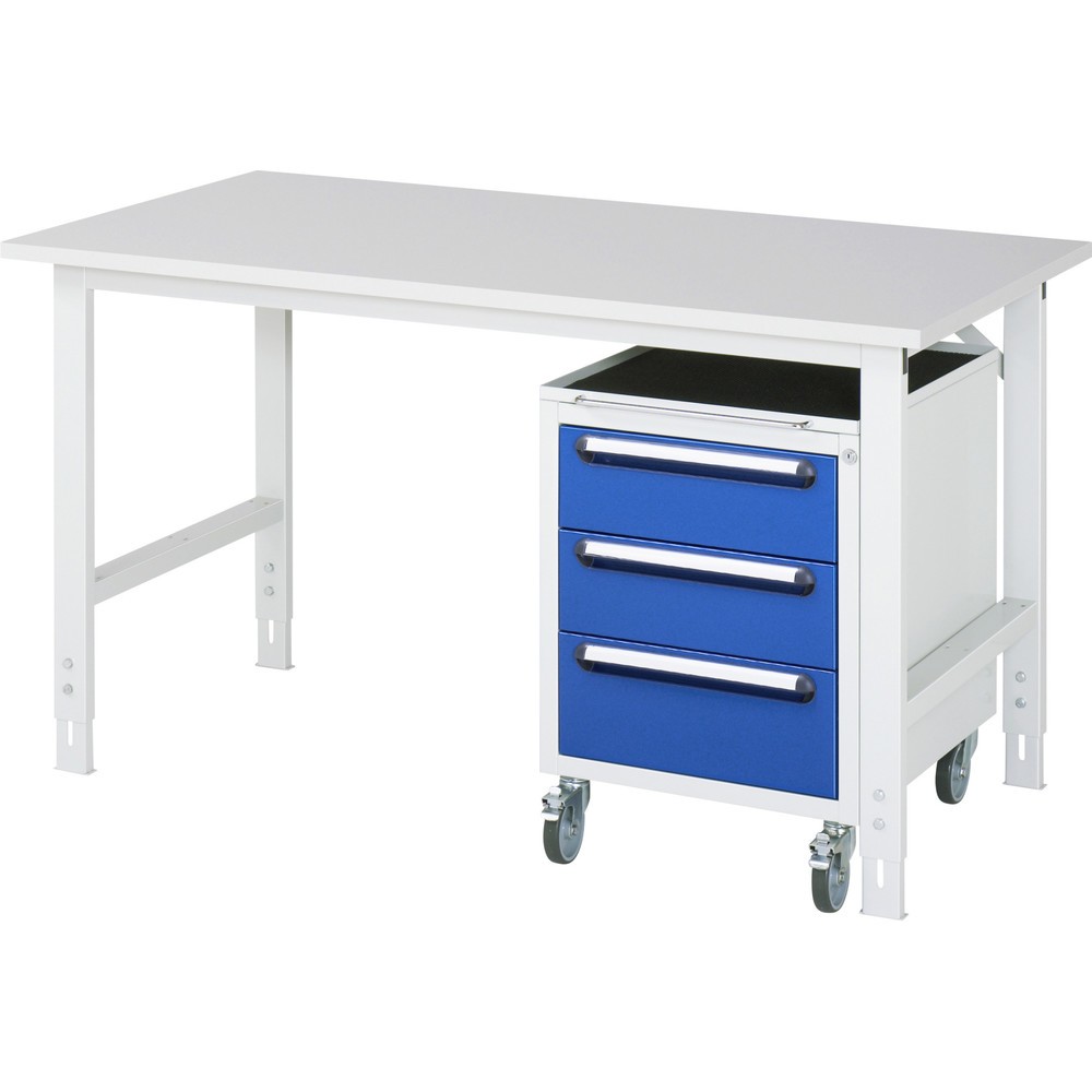 Immagine del prodotto: Set officina RAU TOM 2 pezzi, con tavolo da lavoro, AxLxP 760-1.080 x 1.500 x 800 mm, piano di lavoro con rivestimento in melamina, più contenitore su ruote con 3 cassetti, AxLxP 690 x 480 x 600 mm