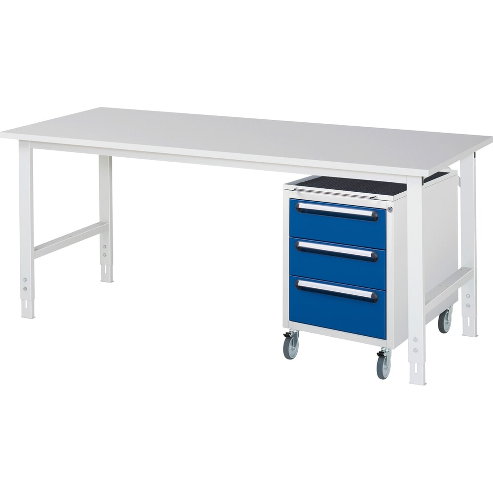 Immagine del prodotto: Set officina RAU TOM 2 pezzi, con tavolo da lavoro, AxLxP 760-1.080 x 2.500 x 800 mm, piano di lavoro con rivestimento in melamina, più contenitore su ruote con 3 cassetti, AxLxP 690 x 480 x 600 mm
