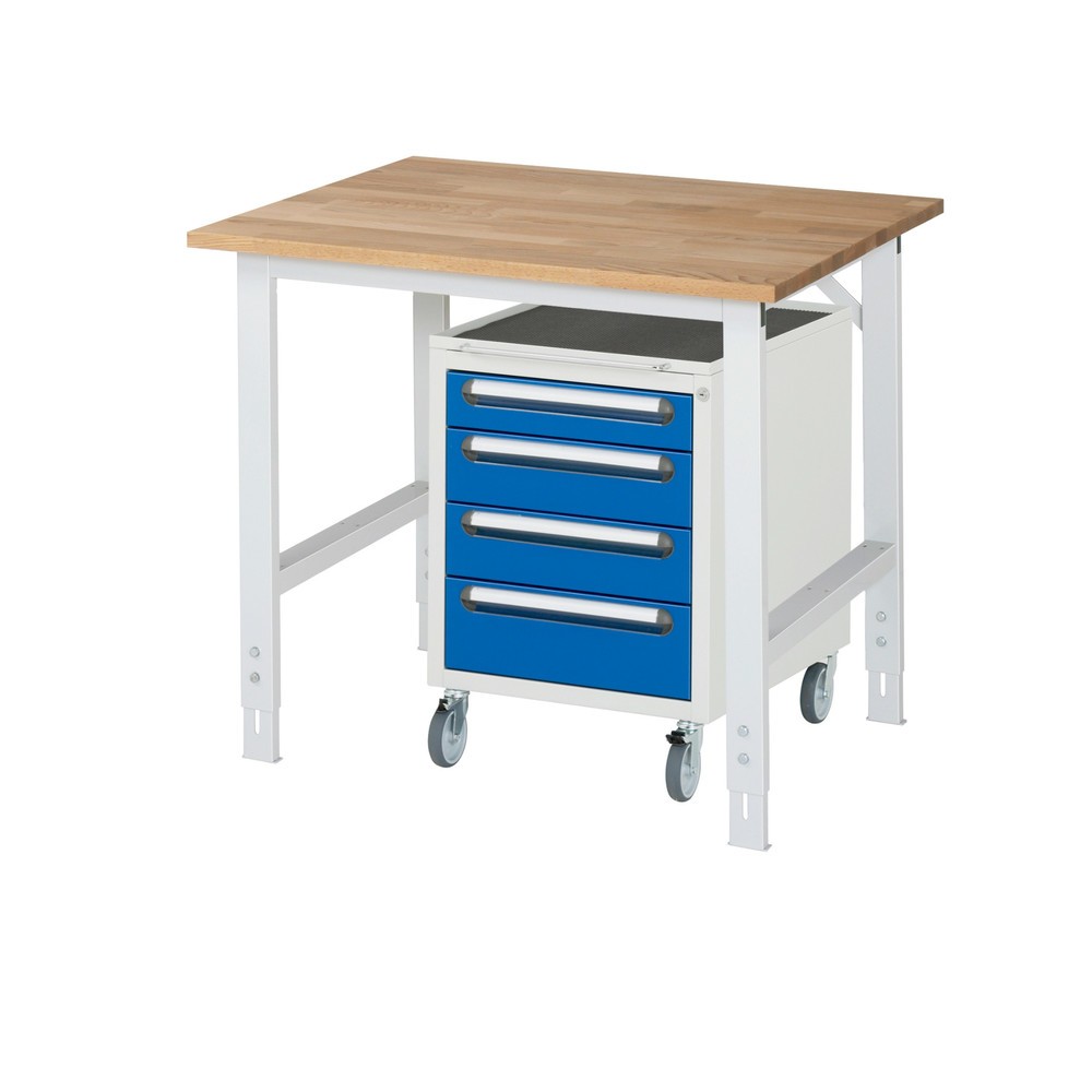 Immagine del prodotto n. 1: Set officina RAU TOM 2 pezzi, con tavolo da lavoro, AxLxP 760-1.080 x 1.000 x 800 mm, piano di lavoro in faggio massiccio, più contenitore su ruote con 3 cassetti, AxLxP 690 x 480 x 600 mm