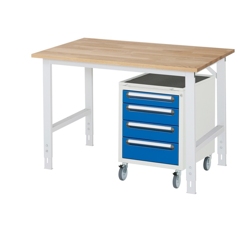 Immagine del prodotto n. 1: Set officina RAU TOM 2 pezzi, con tavolo da lavoro, AxLxP 760-1.080 x 1.250 x 800 mm, piano di lavoro in faggio massiccio, più contenitore su ruote con 3 cassetti, AxLxP 690 x 480 x 600 mm