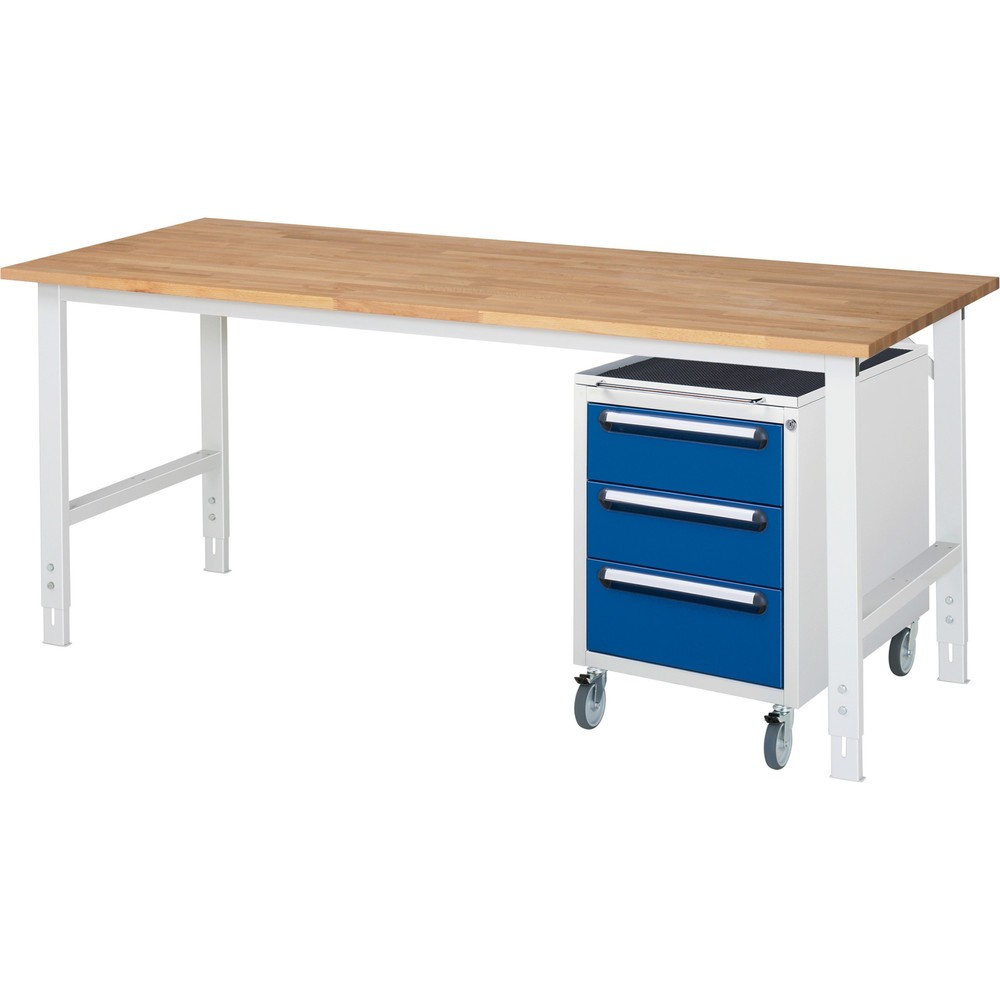 Immagine del prodotto n. 1: Set officina RAU TOM 2 pezzi, con tavolo da lavoro, AxLxP 760-1.080 x 2.500 x 800 mm, piano di lavoro in faggio massiccio, più contenitore su ruote con 3 cassetti, AxLxP 690 x 480 x 600 mm