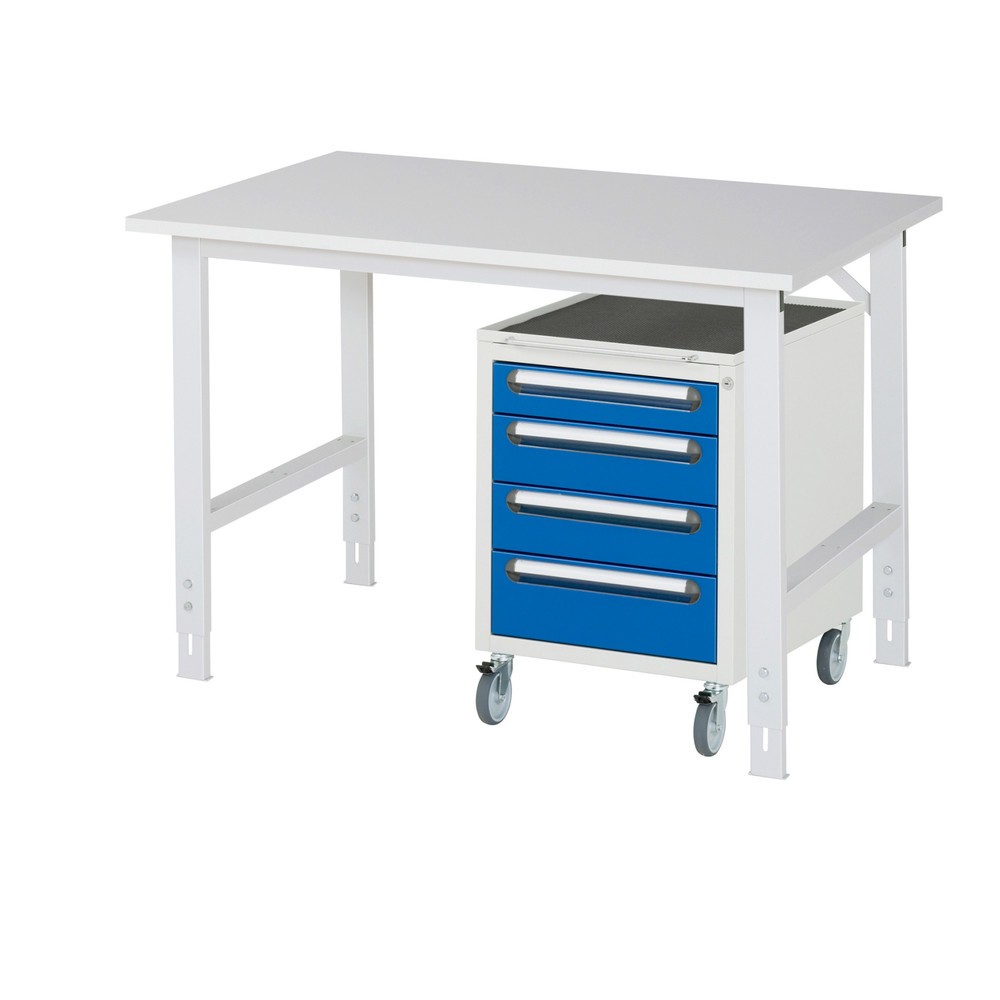 Immagine del prodotto n. 1: Set officina RAU TOM 2 pezzi, con tavolo da lavoro, AxLxP 760-1.080 x 1.250 x 800 mm, piano di lavoro con rivestimento in melamina, più contenitore su ruote con 3 cassetti, AxLxP 690 x 480 x 600 mm