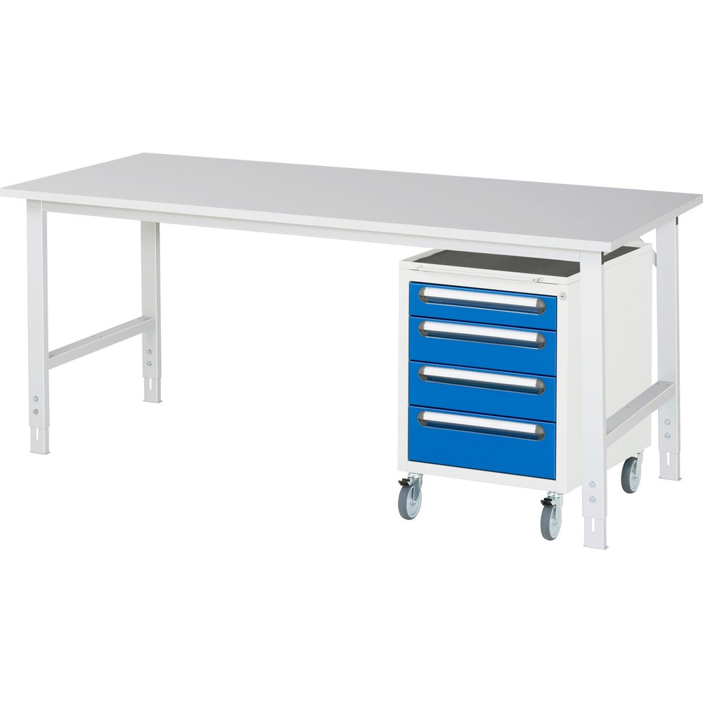 Immagine del prodotto n. 1: Set officina RAU TOM 2 pezzi, con tavolo da lavoro, AxLxP 760-1.080 x 2.500 x 800 mm, piano di lavoro con rivestimento in melamina, più contenitore su ruote con 3 cassetti, AxLxP 690 x 480 x 600 mm