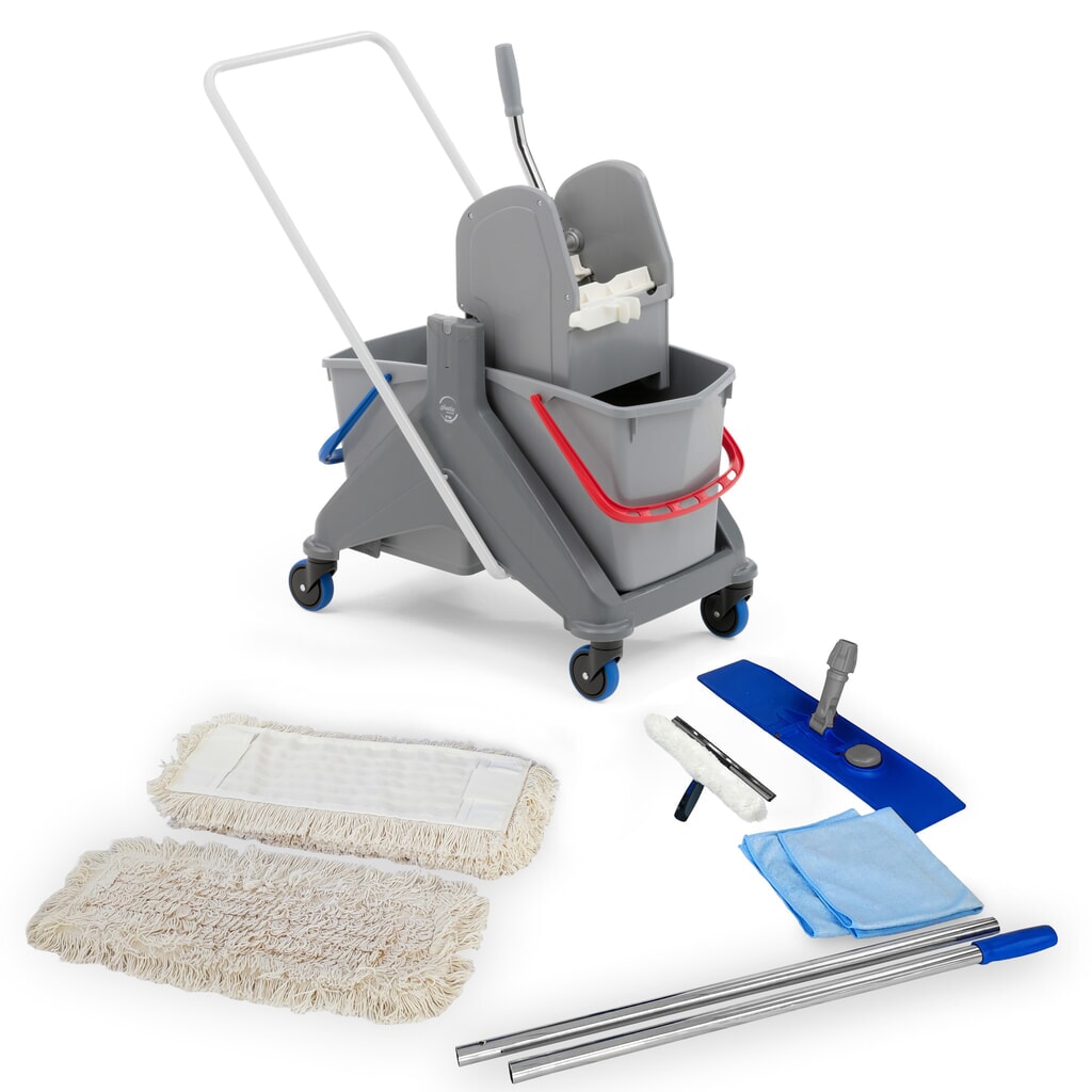 Immagine del prodotto: Set professionale carrello per pulizie Steinbock®, secchio con carrello doppio da 2x 15 litri, 5x lavapavimenti in cotone da 500 mm, manico cromato da 2 pezzi, supporto pieghevole, panno in microfibra e tergivetro combinato