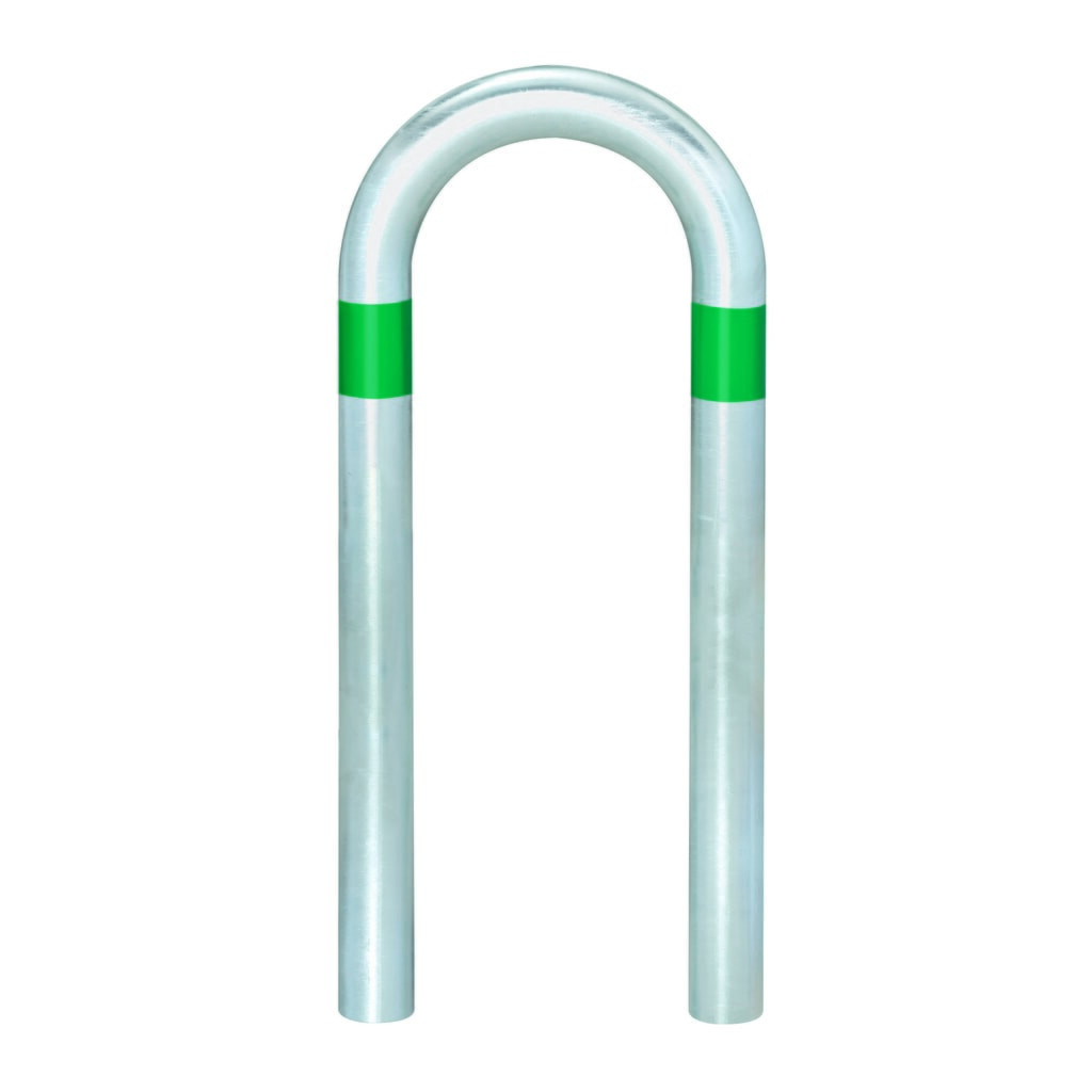 Staffa di protezione per colonne di ricarica, Ø 60 mm, LxA 360 x 500 mm, da cementare, anelli riflettenti verdi Immagine del prodotto: Staffa di protezione per colonne di ricarica, Ø 60 mm, LxA 360 x 500 mm, da cementare, anelli riflettenti verdi