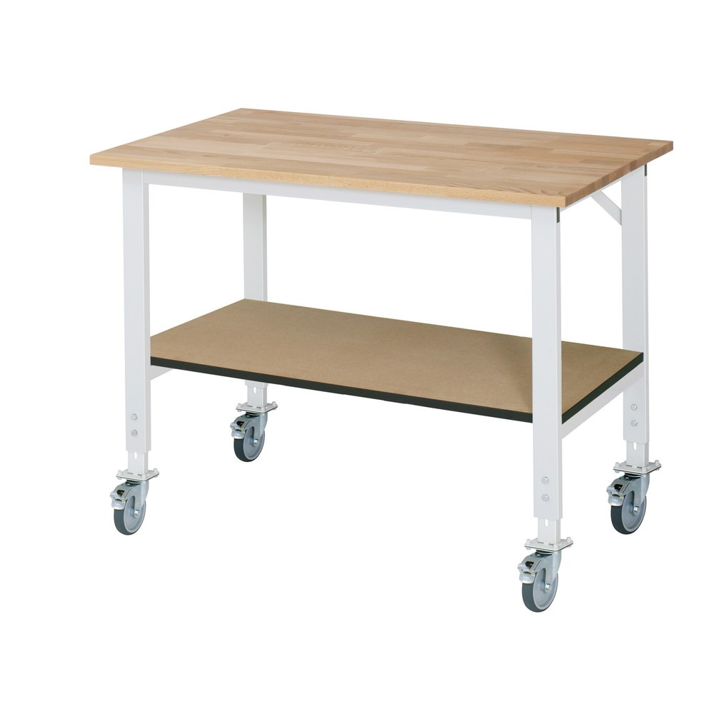 Immagine del prodotto n. 1: Tavolo da lavoro mobile RAU regolabile in altezza serie TOM, AxLxP 760-1.080 x 1.250 x 800 mm, piano di lavoro in faggio massiccio