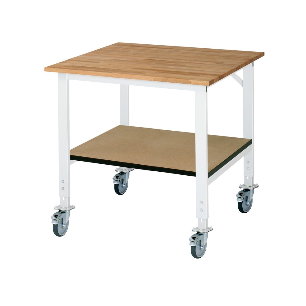 Immagine del prodotto: Tavolo da lavoro mobile RAU regolabile in altezza serie TOM con piano di appoggio profondità 795 mm, altezza 910-1.230 mm, LxP 1.000 x 1.000 mm, piano di lavoro in faggio massiccio