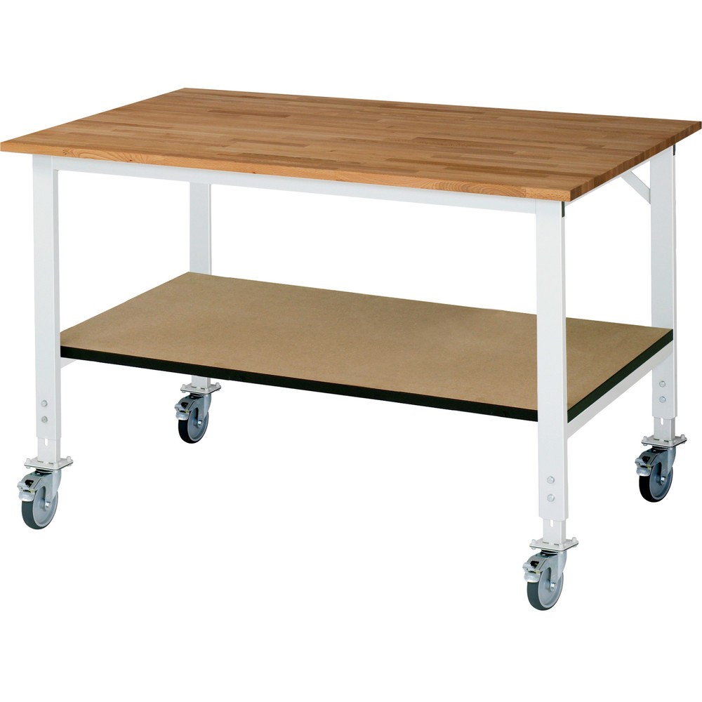 Immagine del prodotto: Tavolo da lavoro mobile RAU regolabile in altezza serie TOM con piano di appoggio profondità 795 mm, altezza 910-1.230 mm, LxP 1.500 x 1.000 mm, piano di lavoro in faggio massiccio