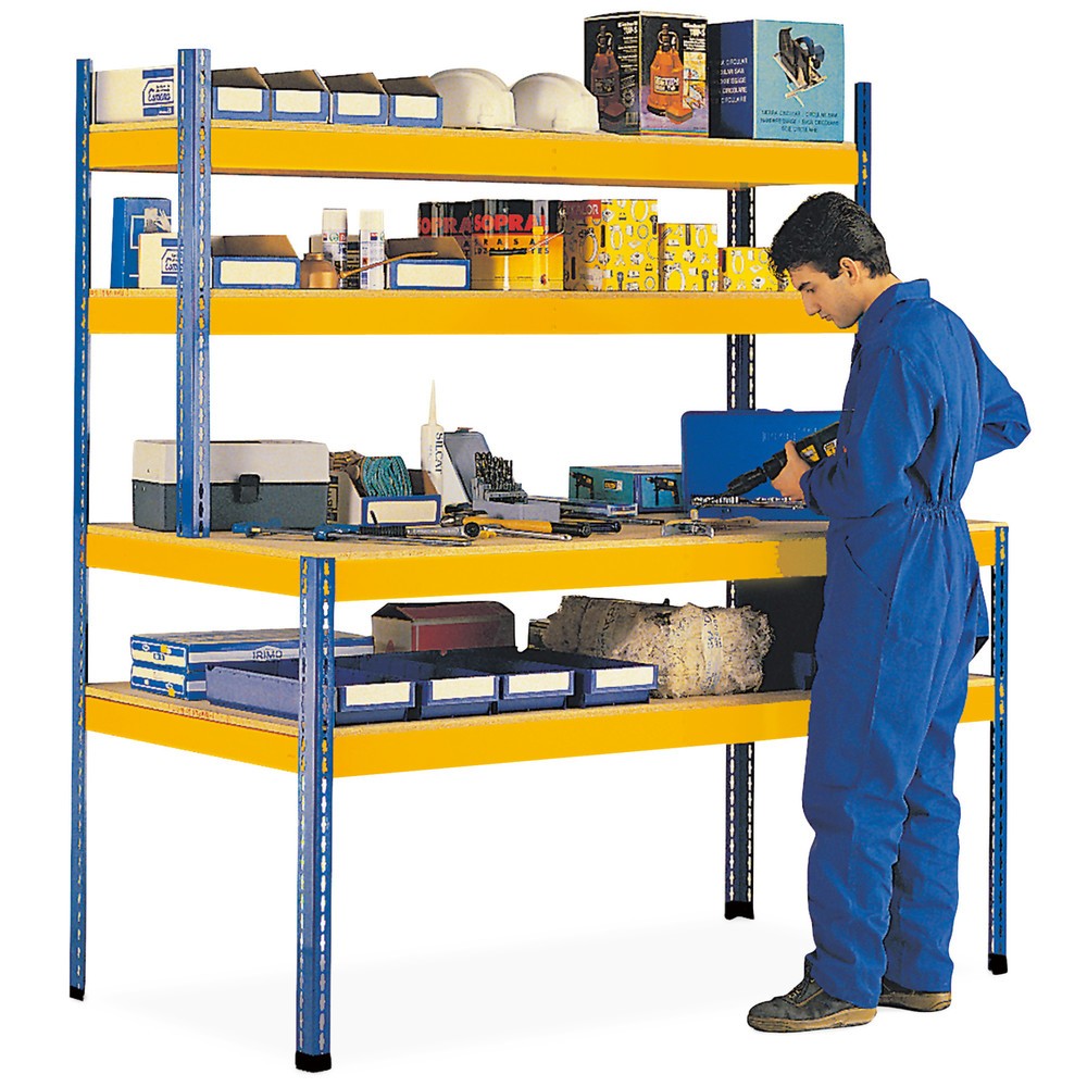Immagine del prodotto: Tavolo da lavoro NGS con sovrastruttura, portata per piano 320 kg, 2 ripiani inseribili con 1 trave portante ciascuno, AxLxP 1.981/990 x 1.841 x 773/316 mm
