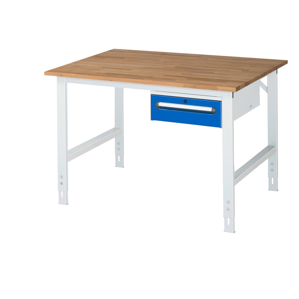 Immagine del prodotto: Tavolo da lavoro RAU regolabile in altezza serie TOM, AxLxP 760-1.080 x 1.250 x 1.000 mm, 1 cassetto, piano di lavoro in faggio massiccio