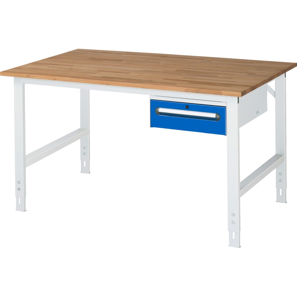Immagine del prodotto n. 1: Tavolo da lavoro RAU regolabile in altezza serie TOM, AxLxP 760-1.080 x 1.500 x 1.000 mm, 1 cassetto, piano di lavoro in faggio massiccio