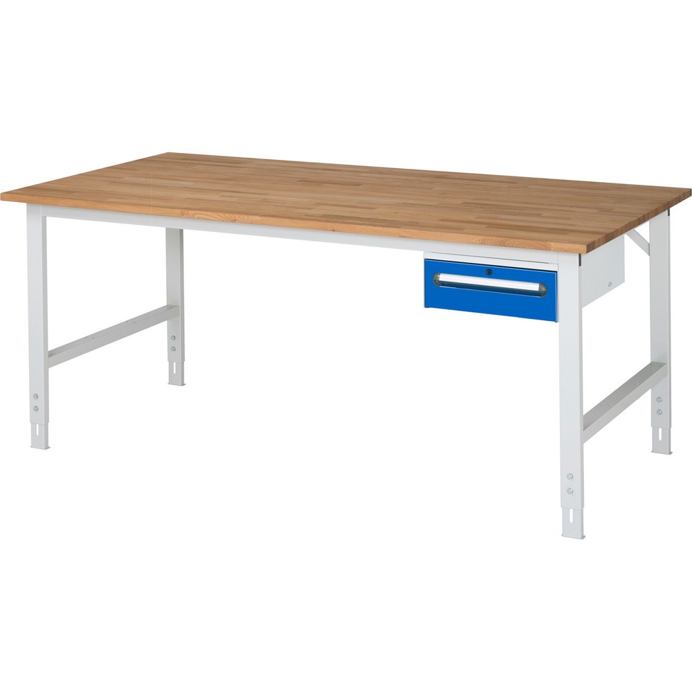 Immagine del prodotto: Tavolo da lavoro RAU regolabile in altezza serie TOM, AxLxP 760-1.080 x 2.500 x 1.000 mm, 1 cassetto, piano di lavoro in faggio massiccio