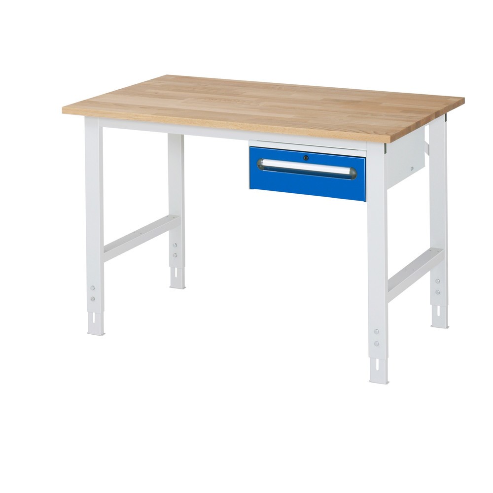 Immagine del prodotto n. 1: Tavolo da lavoro RAU regolabile in altezza serie TOM, AxLxP 760-1.080 x 1.250 x 800 mm, 1 cassetto, piano di lavoro in faggio massiccio