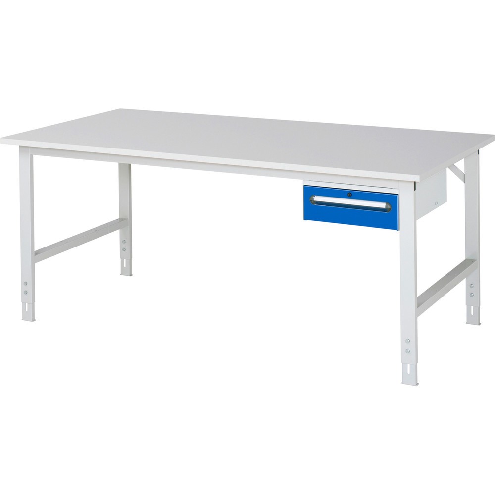 Immagine del prodotto: Tavolo da lavoro RAU regolabile in altezza serie TOM, AxLxP 760-1.080 x 2.500 x 1.000 mm, 1 cassetto, piano di lavoro con rivestimento in melamina