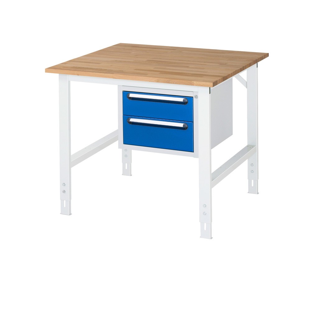 Immagine del prodotto n. 1: Tavolo da lavoro RAU regolabile in altezza serie TOM, AxLxP 760-1.080 x 1.000 x 1.000 mm, 2 cassetti, piano di lavoro in faggio massiccio