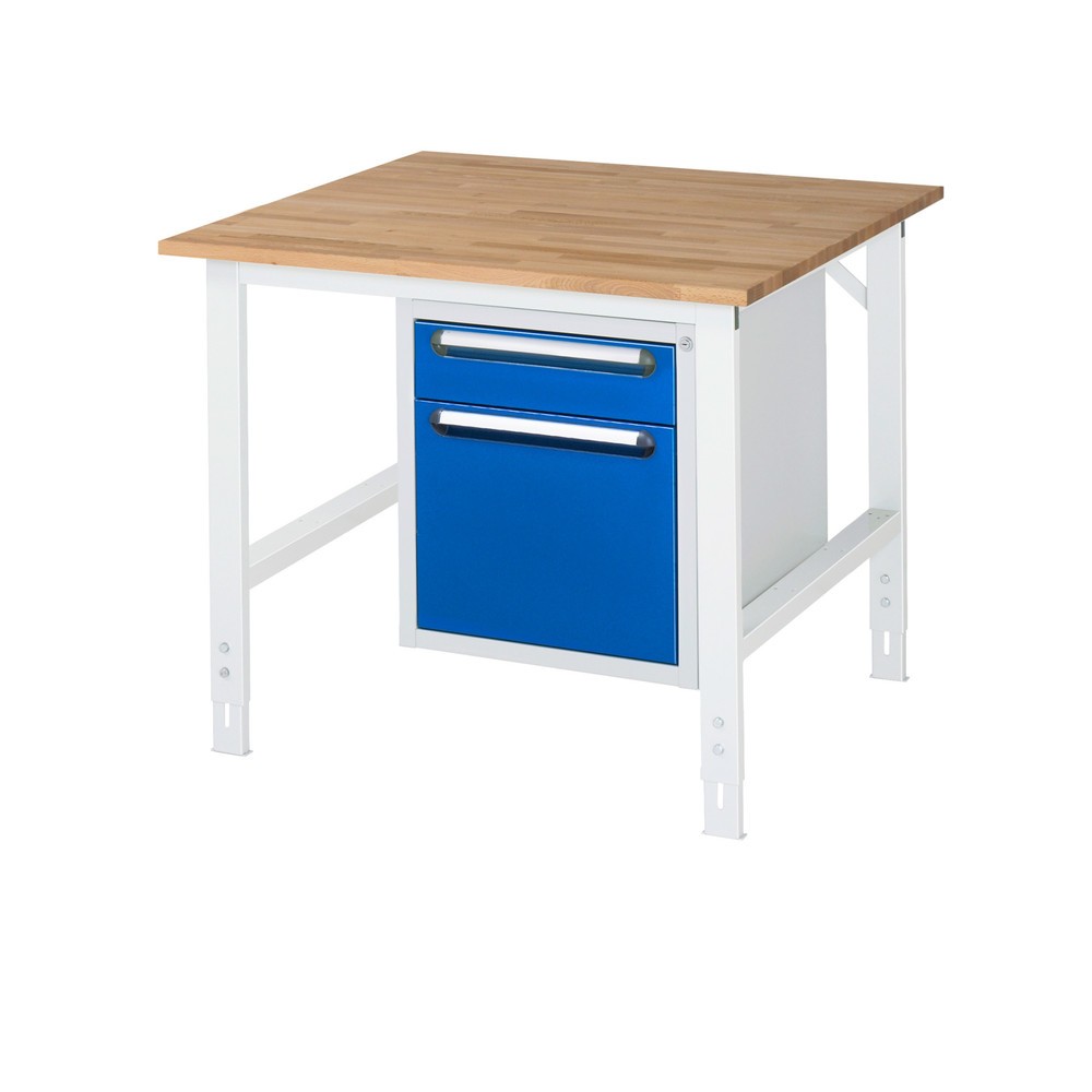 Immagine del prodotto n. 1: Tavolo da lavoro RAU regolabile in altezza serie TOM, AxLxP 760-1.080 x 1.000 x 1.000 mm, 2 cassetti, piano di lavoro in faggio massiccio