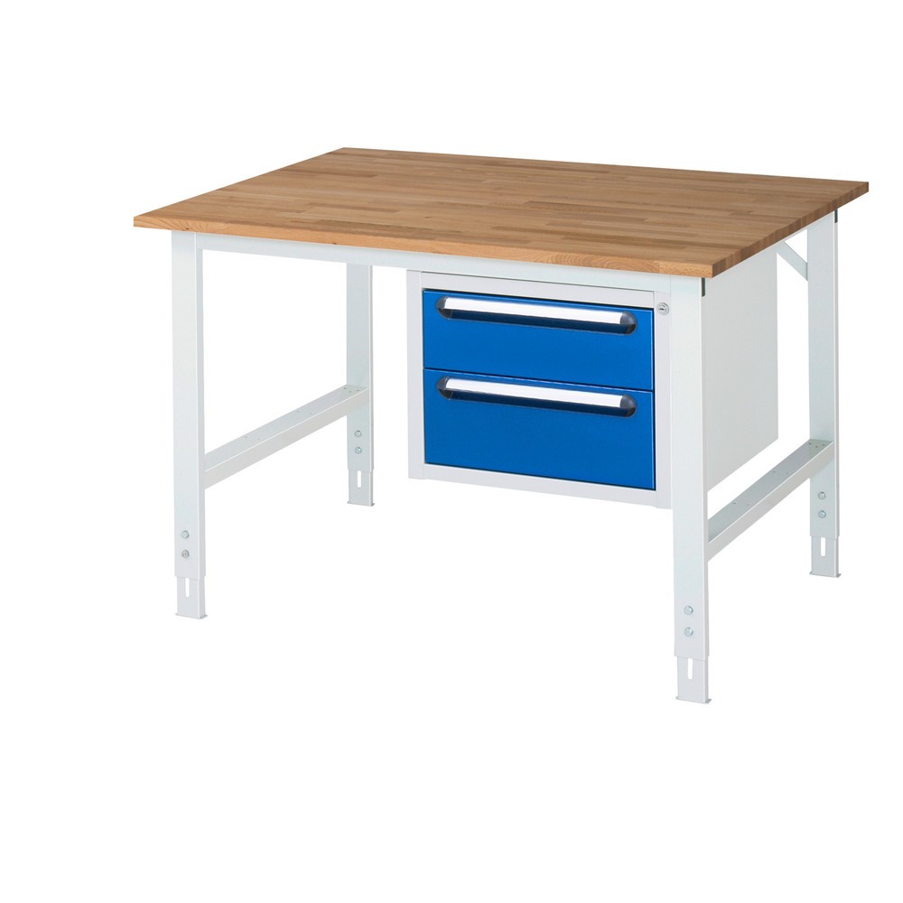 Immagine del prodotto: Tavolo da lavoro RAU regolabile in altezza serie TOM, AxLxP 760-1.080 x 1.250 x 1.000 mm, 2 cassetti, piano di lavoro in faggio massiccio