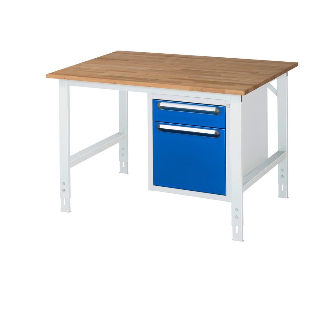 Immagine del prodotto n. 1: Tavolo da lavoro RAU regolabile in altezza serie TOM, AxLxP 760-1.080 x 1.250 x 1.000 mm, 2 cassetti, piano di lavoro in faggio massiccio